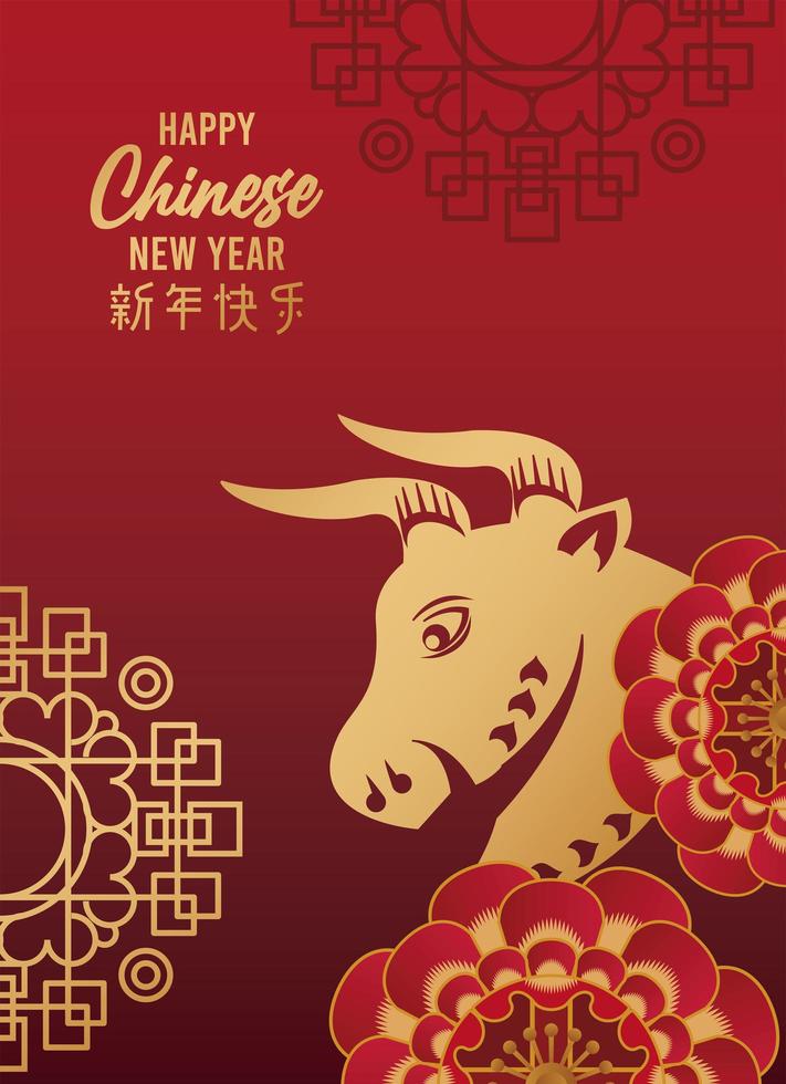 happy chinese new year lettering card with golden ox and lace in red background vector