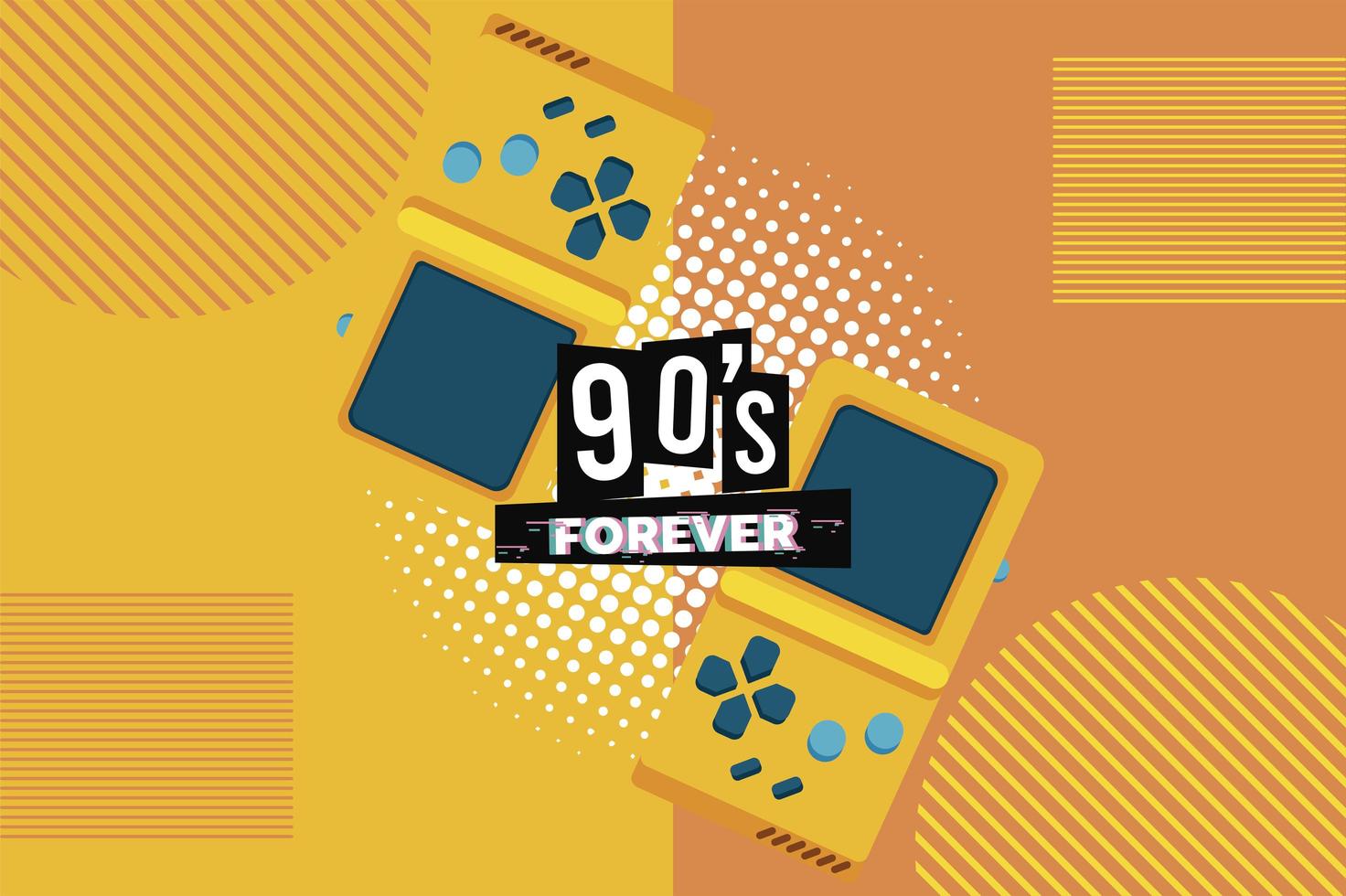 90s forever lettering with video games portables in yellow background vector