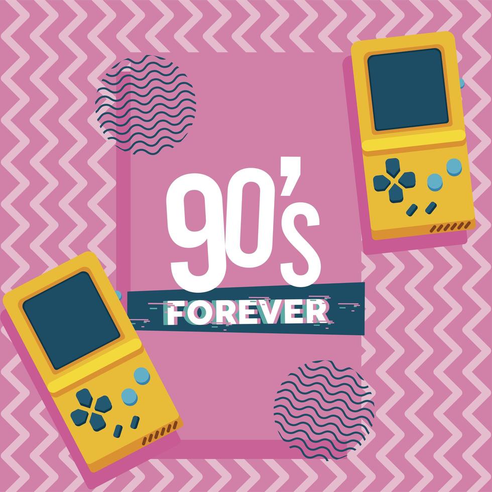 90s forever lettering with video games portables in pink background vector