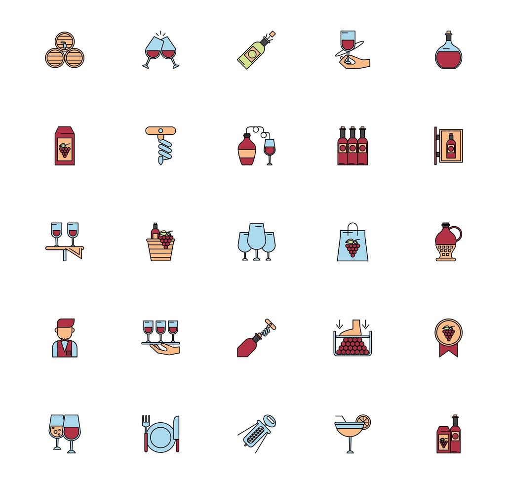 bundle of wine drink set icons vector