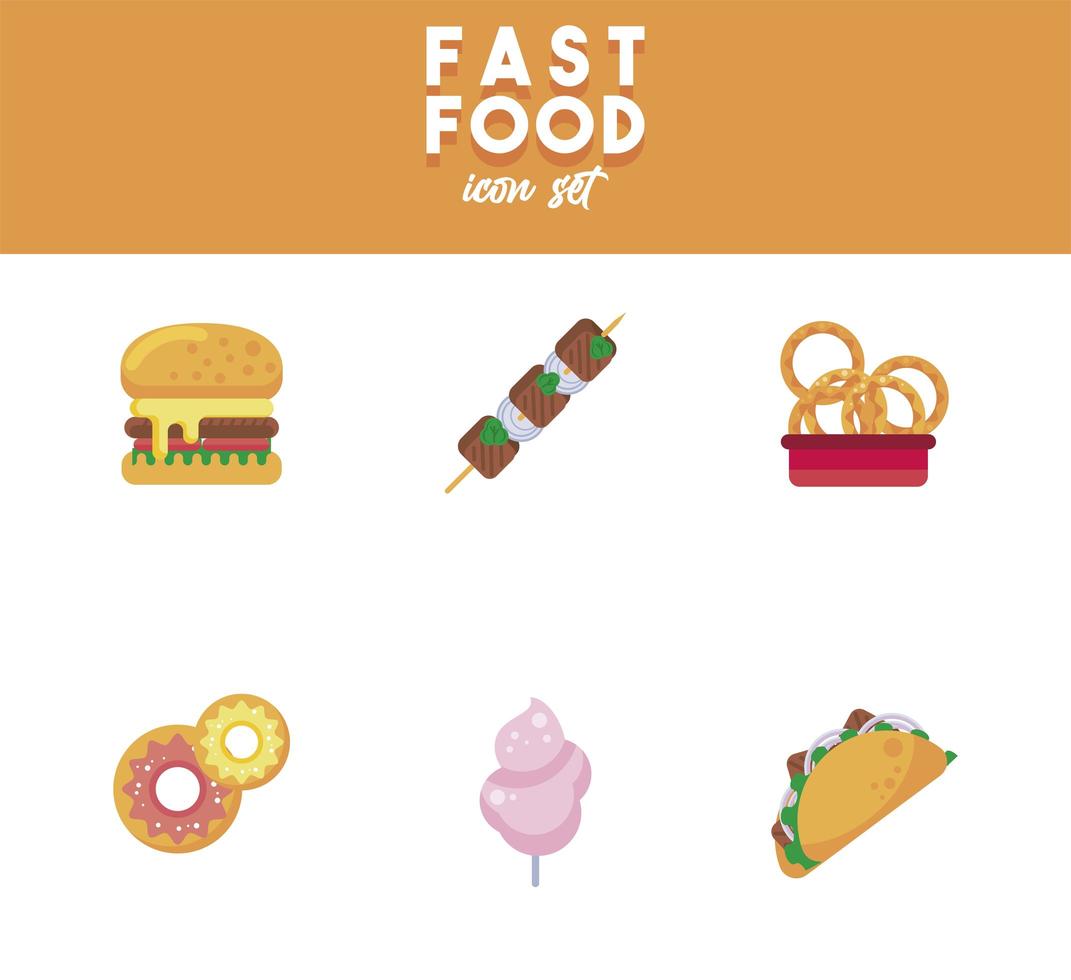 bundle of six street fast food set icons and lettering vector