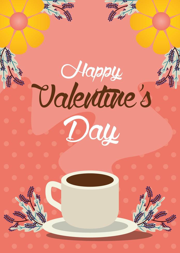 feliz dia de san valentin tarjeta con taza de cafe vector