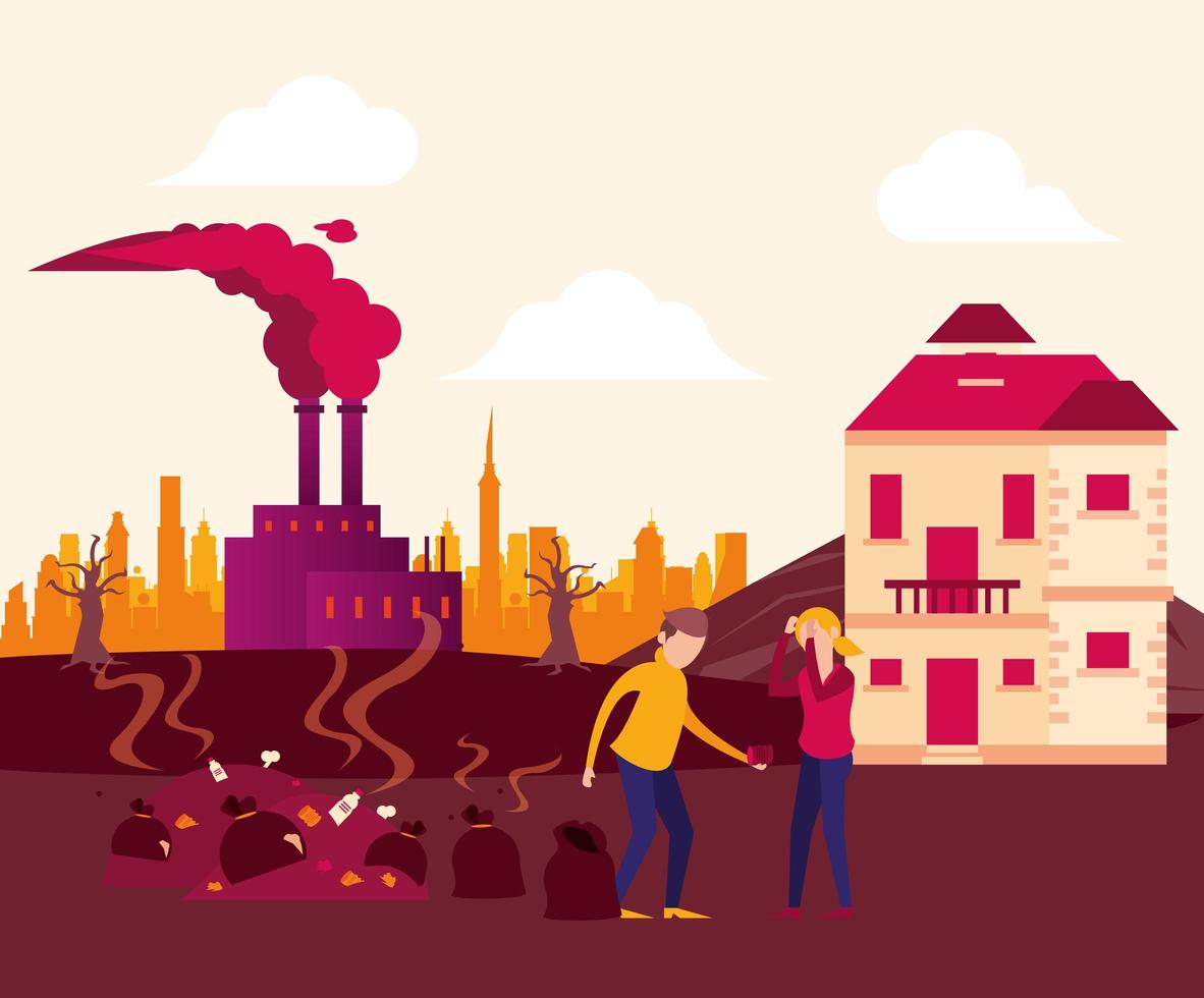 global warming alert with people and polluting factory vector