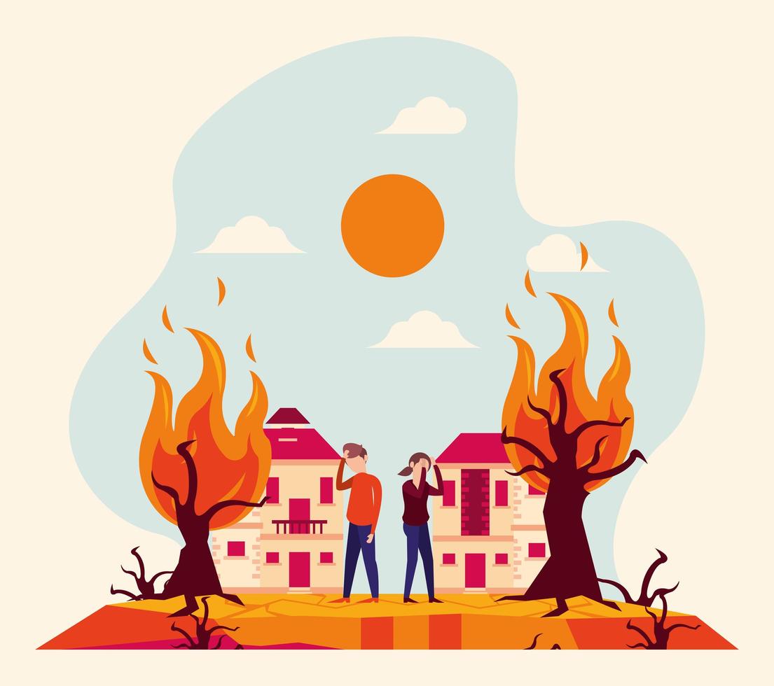 global warming alert with people and forest fire vector