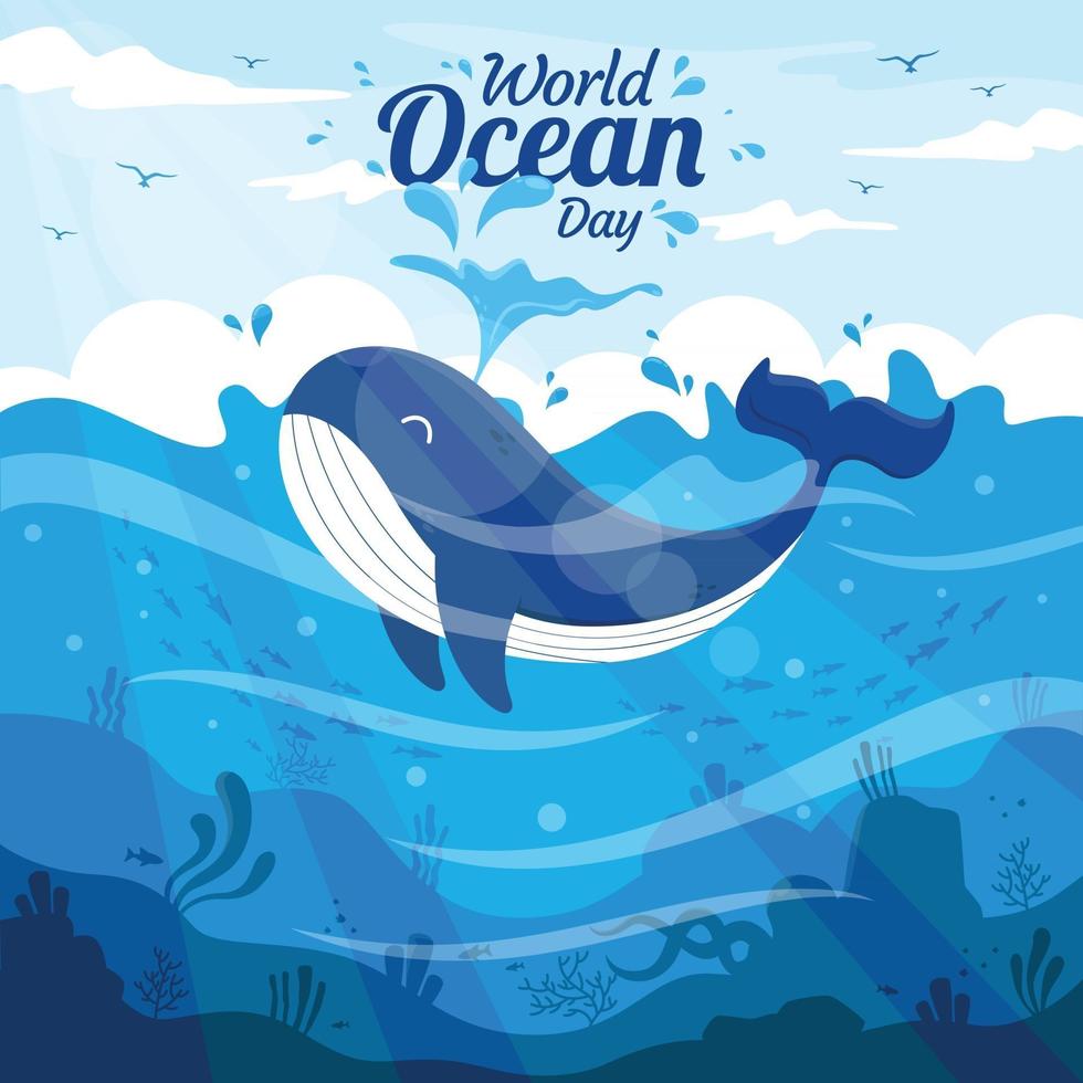 ballena de dibujos animados plana día mundial del océano vector