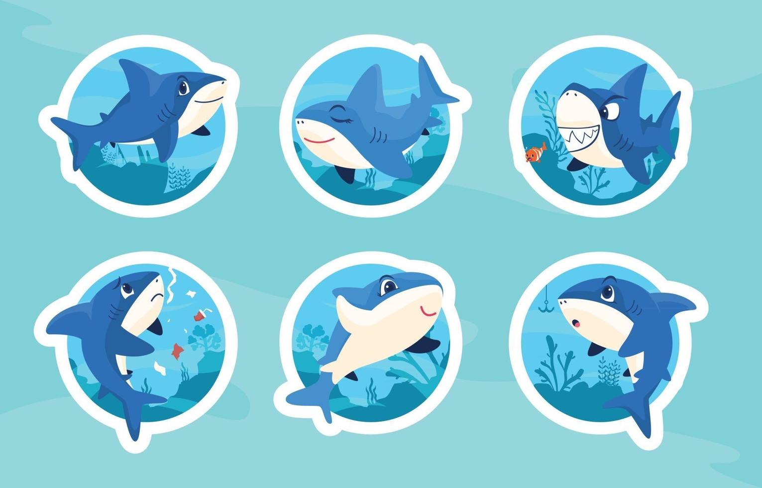 lindo conjunto de pegatinas de tiburón de dibujos animados vector