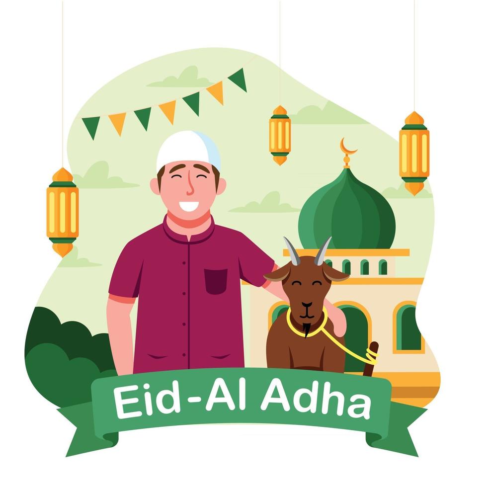 eid al adha día con hombre y oveja vector