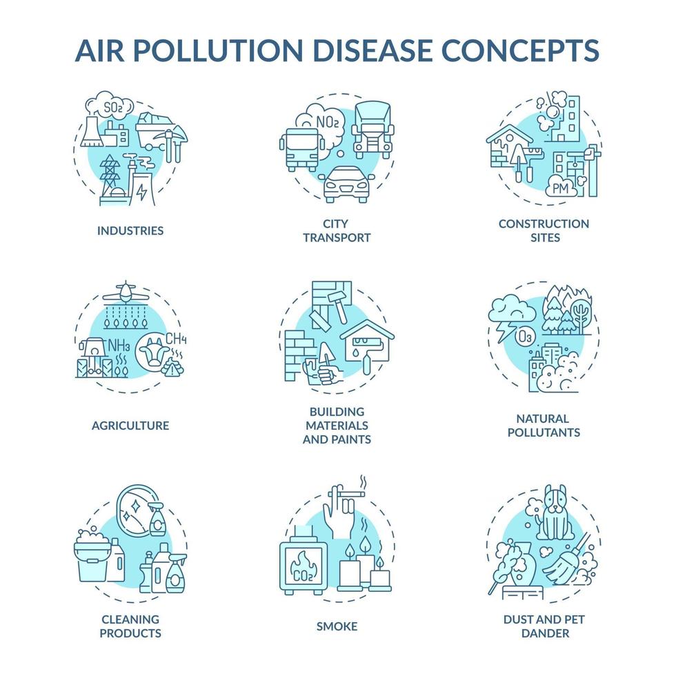 Air pollution disease concept icons set vector