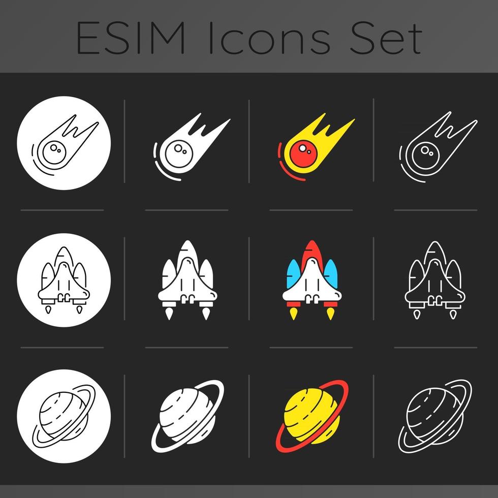 conjunto de iconos de tema oscuro astronáutico vector