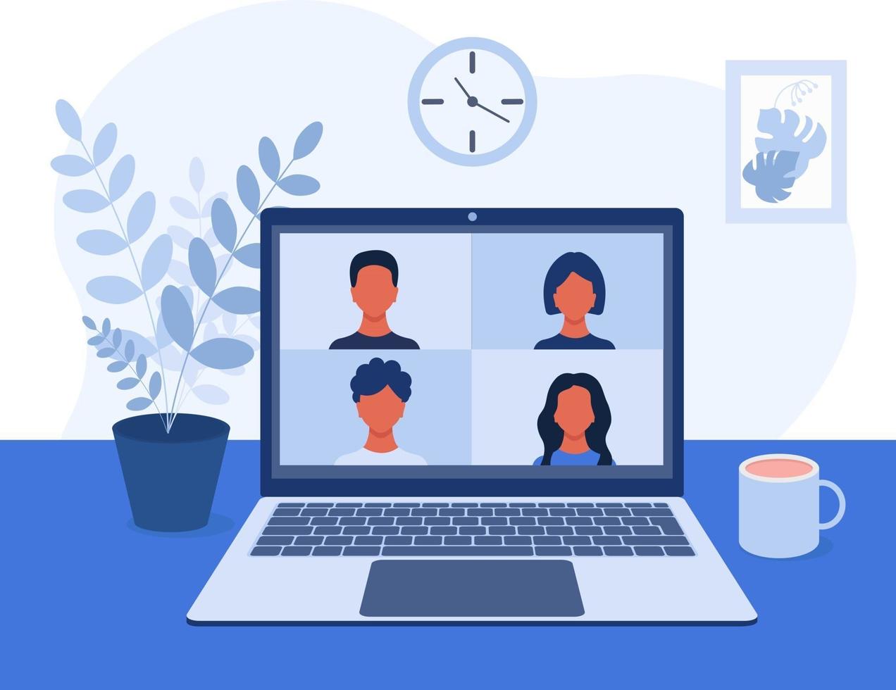 Video conference online video communication with colleagues friends and students in a home or office environment Remote work training Laptop screen with four people Vector illustration in flat