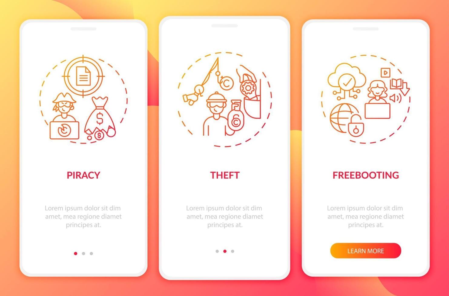 Copyright contravention types onboarding mobile app page screen with concepts vector