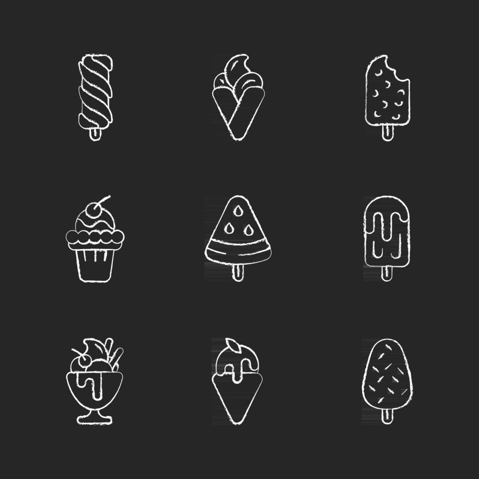 Variaciones de helado iconos de tiza blanca sobre fondo negro vector