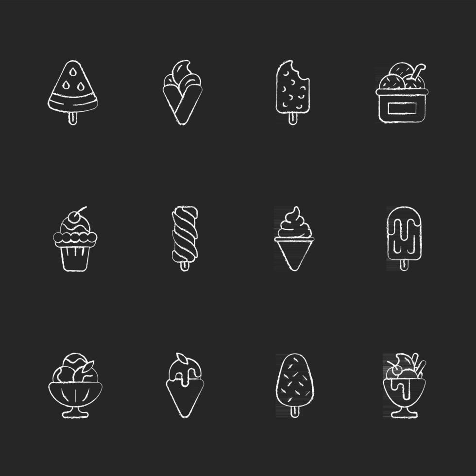 Variedades de helado iconos de tiza blanca sobre fondo negro vector
