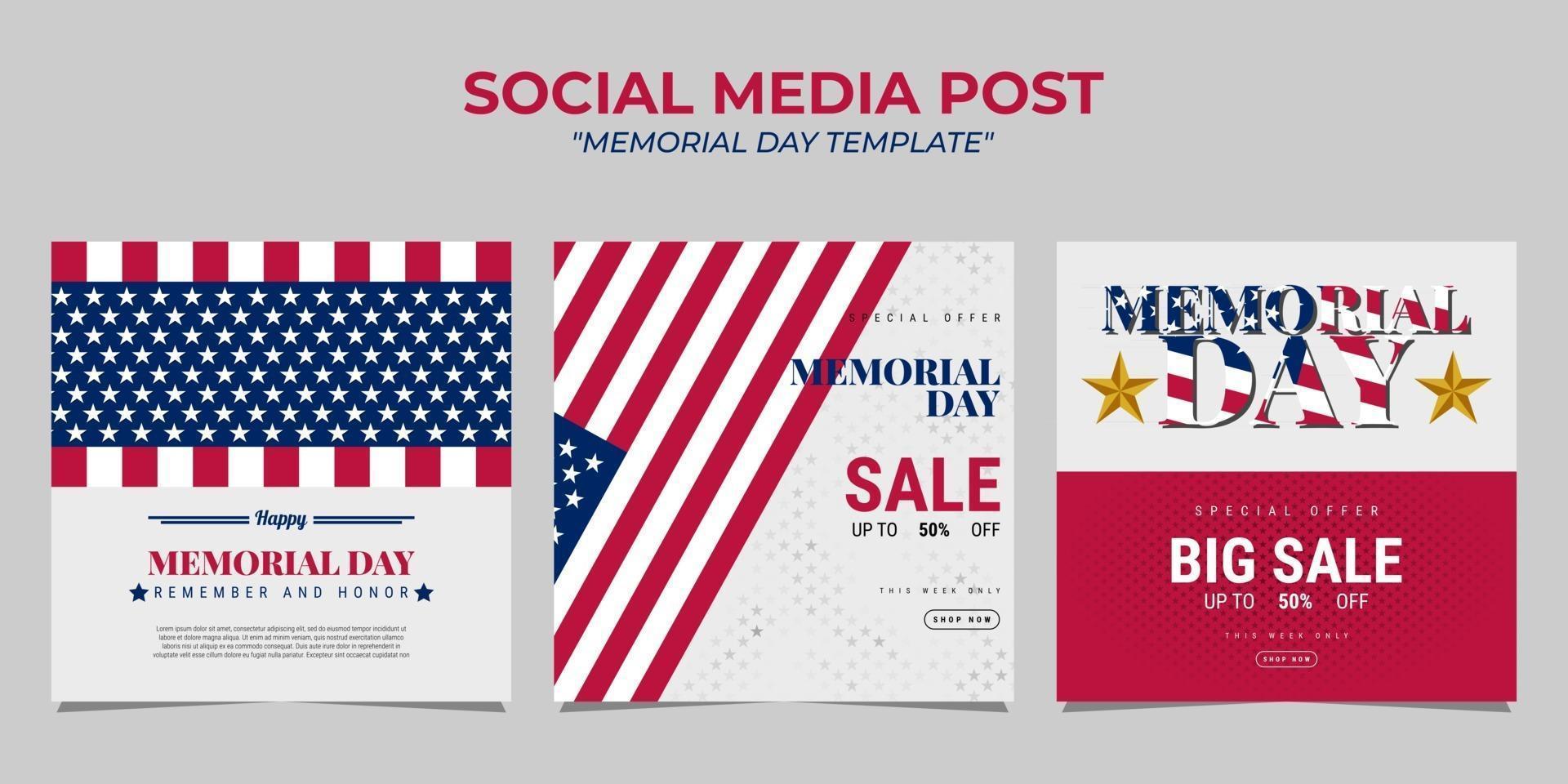 Memorial Day social media post template design vector