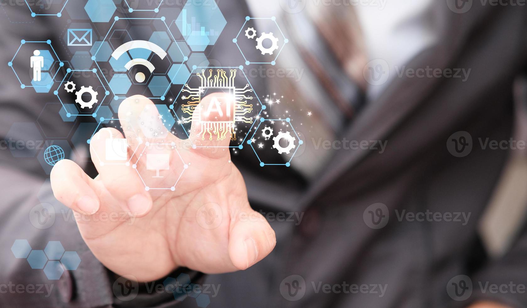 Businessman hand touching virtual screening big data and digital transformation technology strategy photo