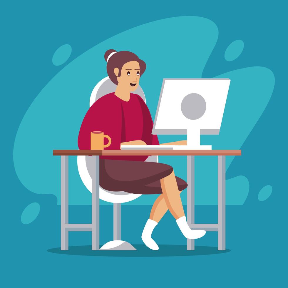 woman using desktop work at home vector