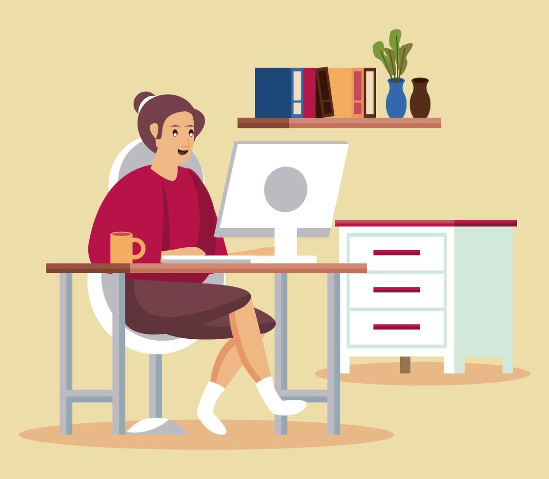 woman using desktop work at home vector