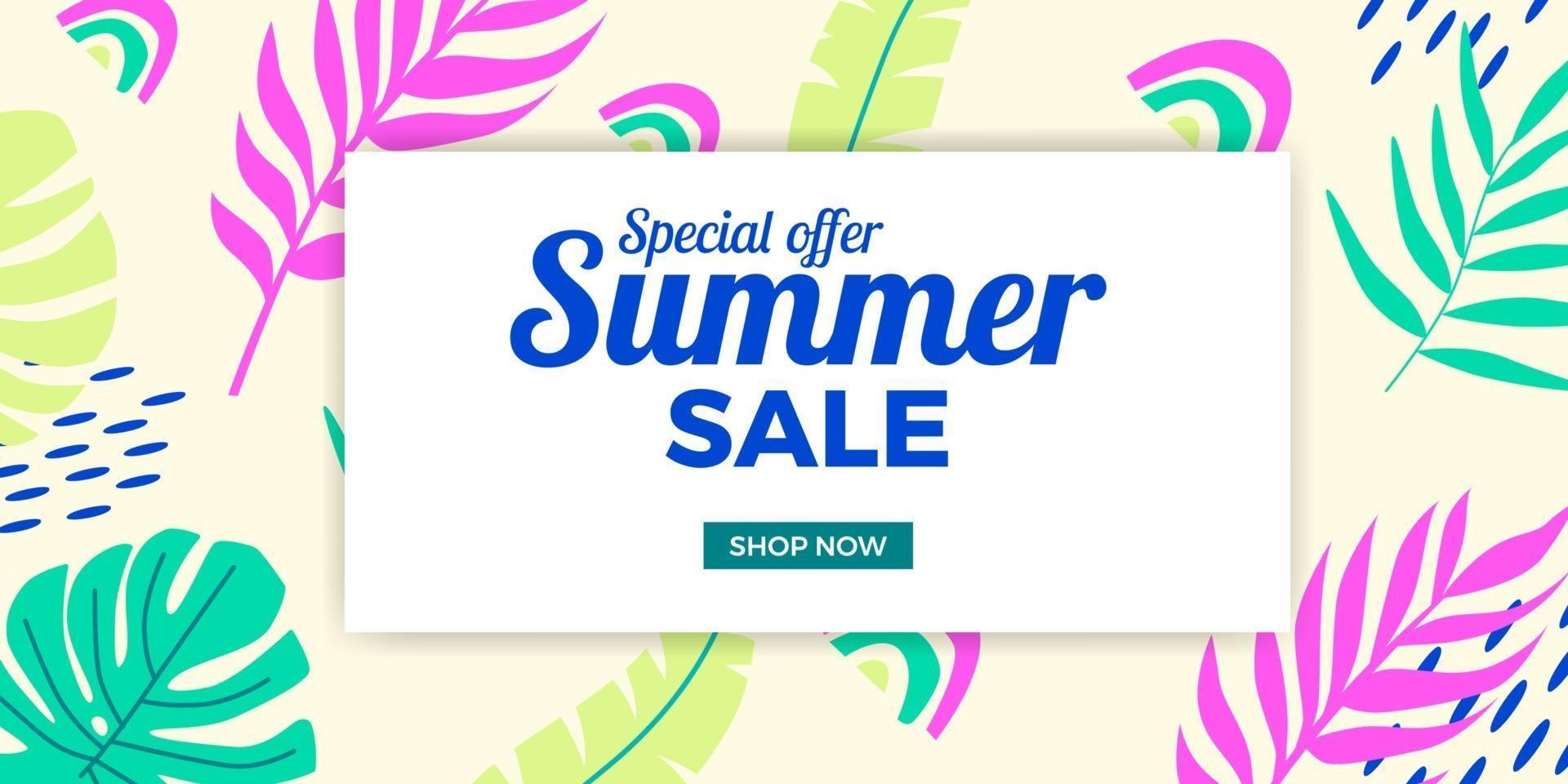 summer sale offer banner promotion with soft pastel pink green blue color of tropical leaves memphis vector