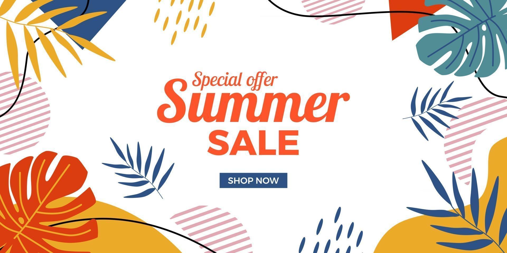 Summer sale offer banner promotion with abstract memphis tropical leaves with white background vector