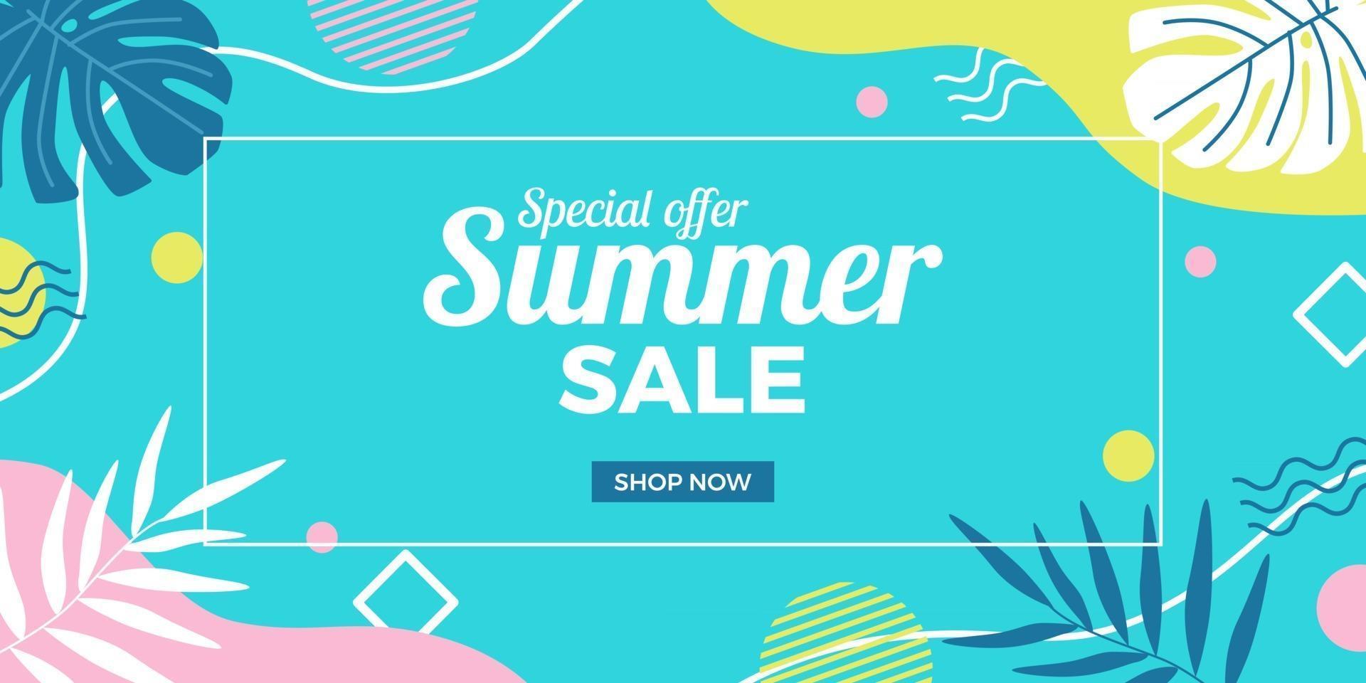 Summer sale offer banner promotion with abstract memphis tropical leaves with blue background vector