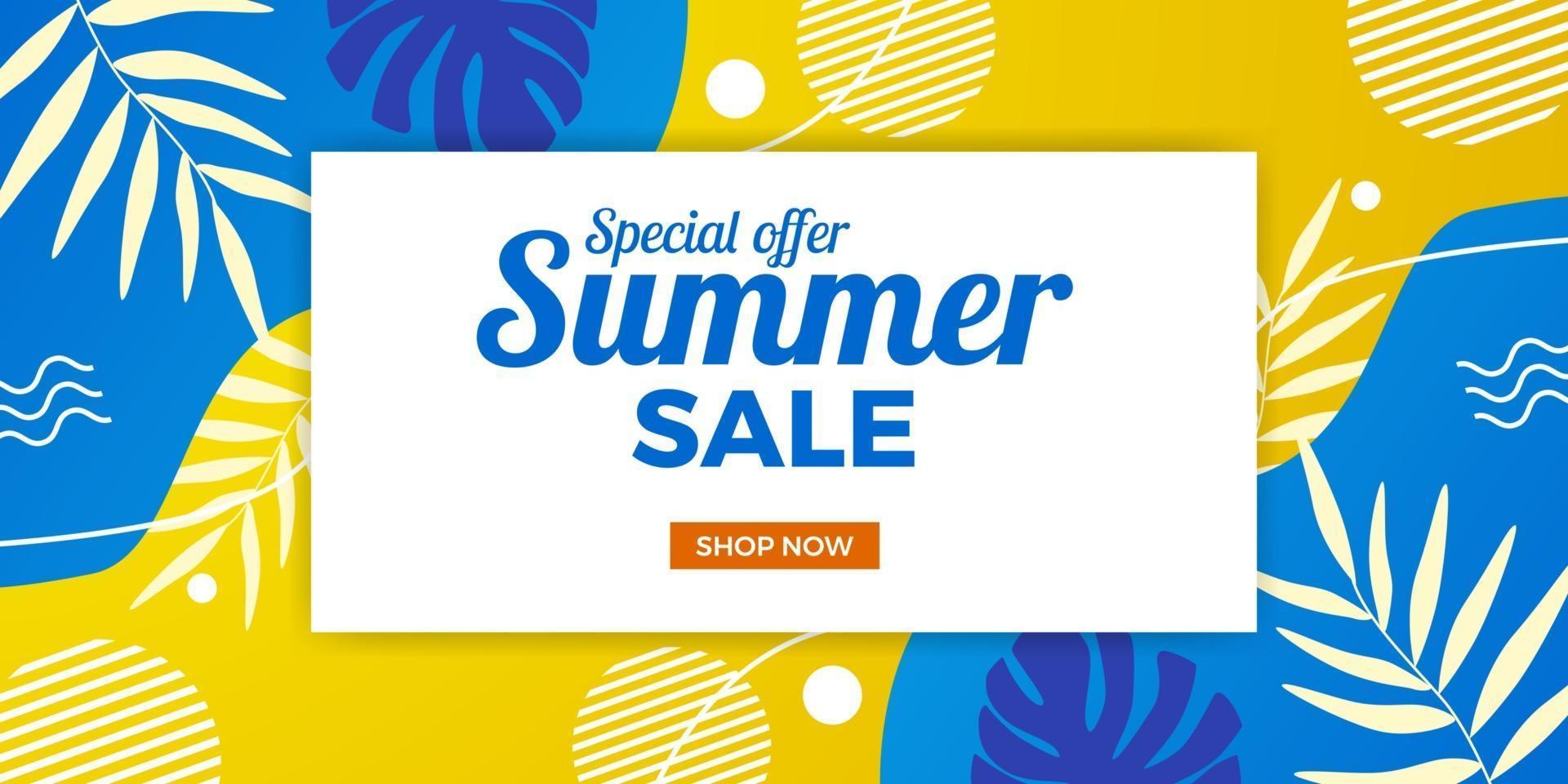 Oferta de venta de verano de moda fresca promoción de banner con estilo abstracto de memphis con fondo amarillo y azul vector