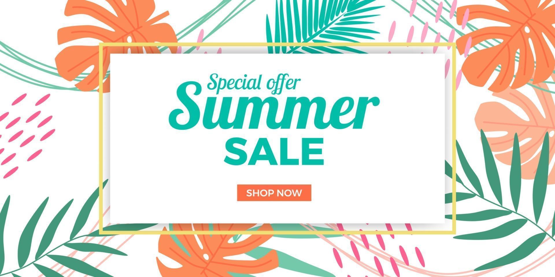 Summer sale offer banner promotion with abstract memphis tropical leaves with white background vector