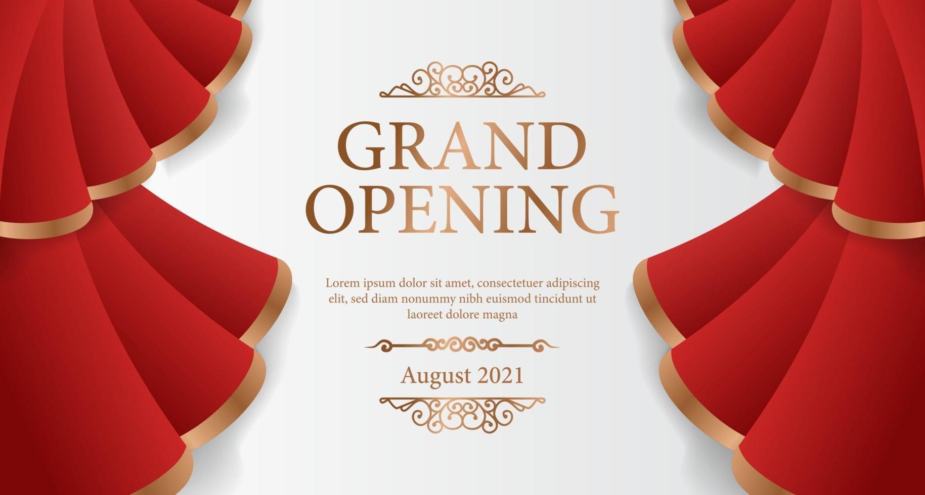 Elegant luxury grand opening poster banner with red silk curtain wave open illustration with white background and golden text vector