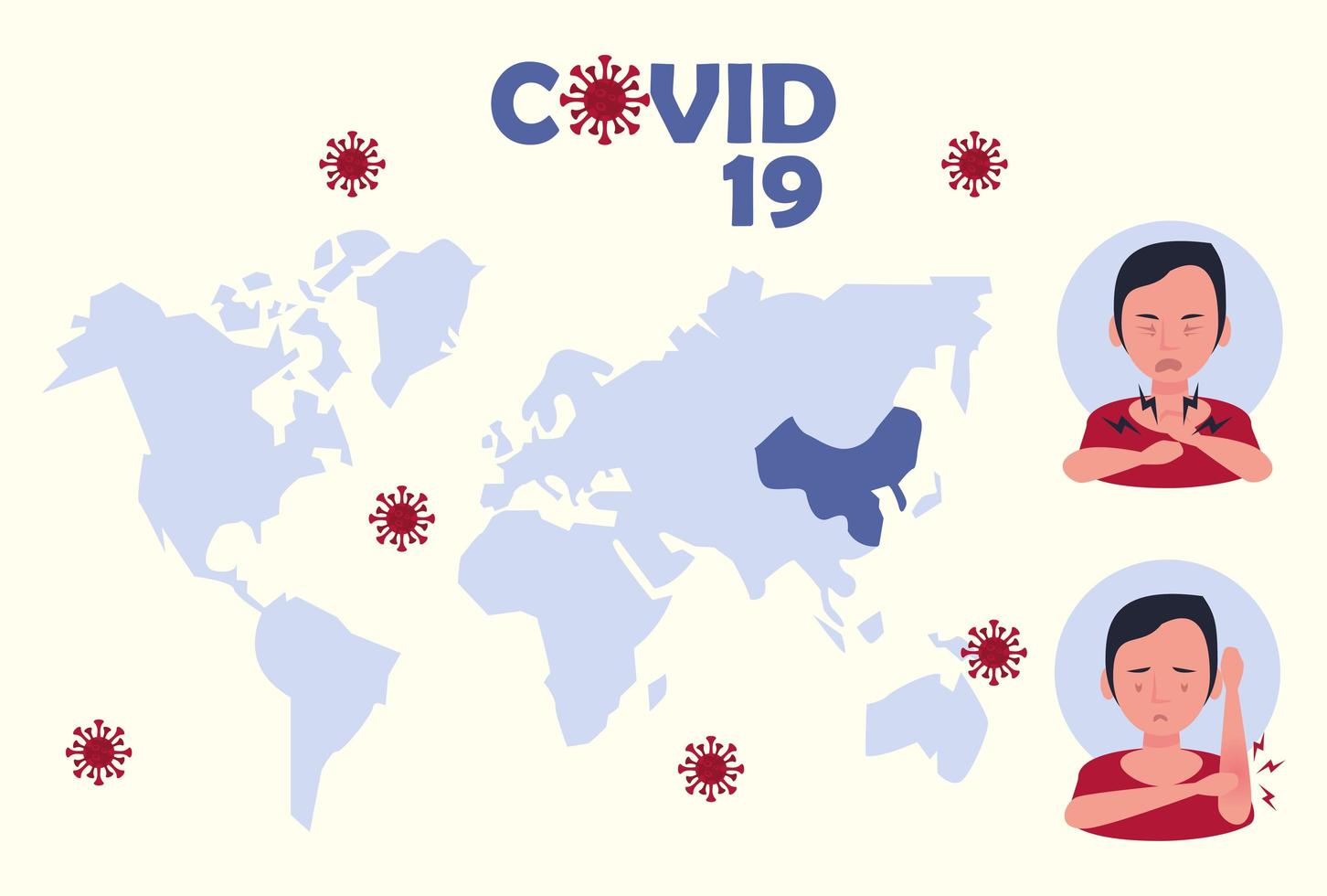 covid19 particles with earth maps and symptoms vector