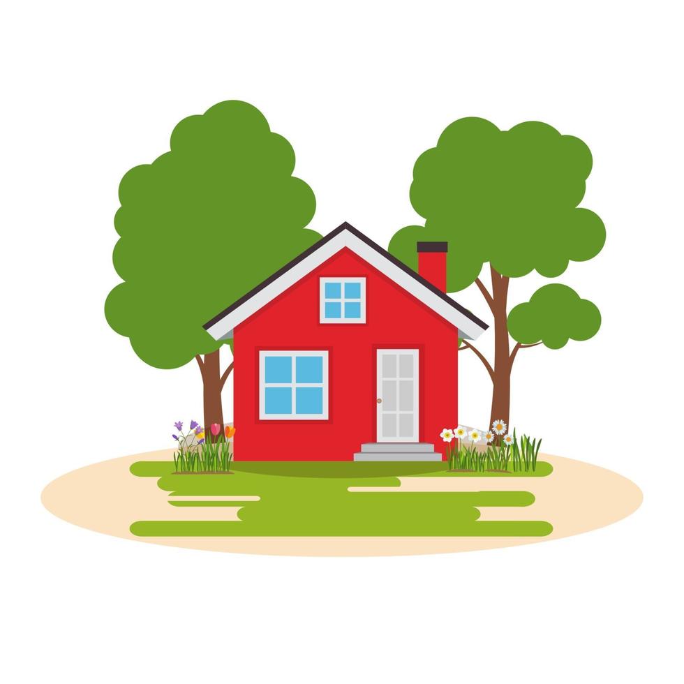 casa con arboles y flores fondo plano vector