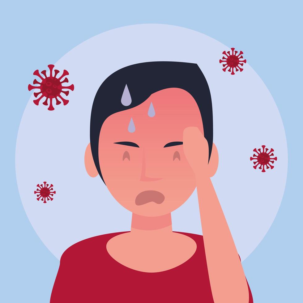 person with fever and covid19 particles vector