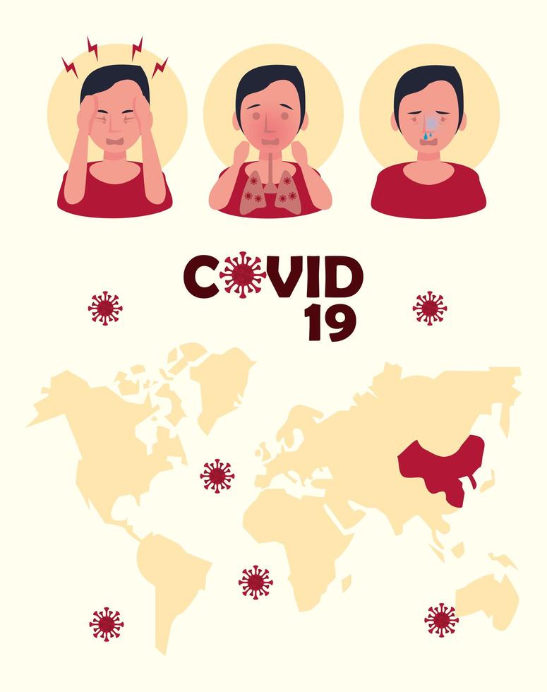 covid19 particles with earth maps and symptoms vector