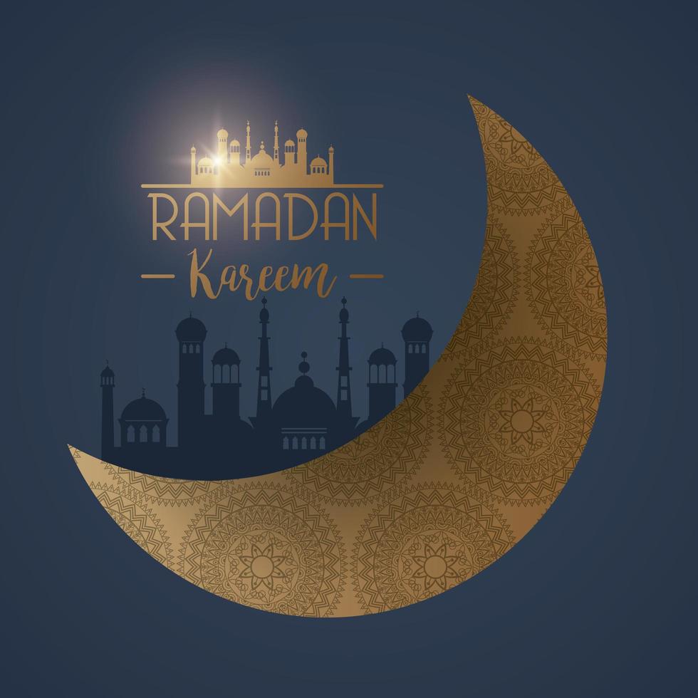 ramadan kareem card with golden moon and taj mahal vector