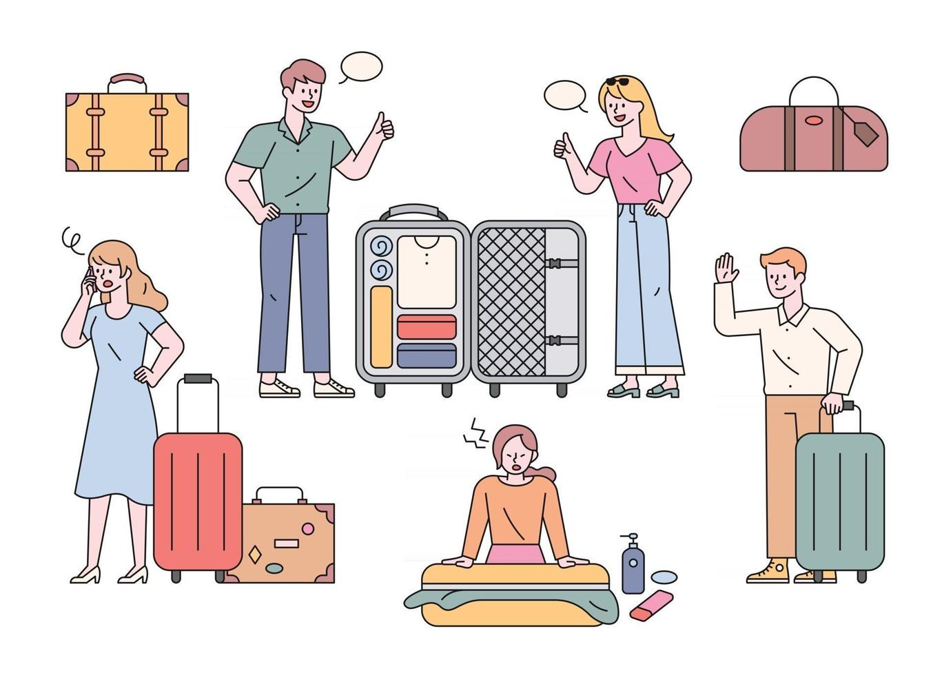 People who pack their bags for travel. flat design style minimal vector illustration.