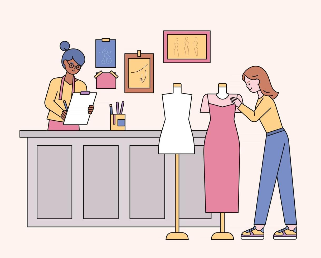 Boutique shop designers and customers looking at clothes. flat design style minimal vector illustration.