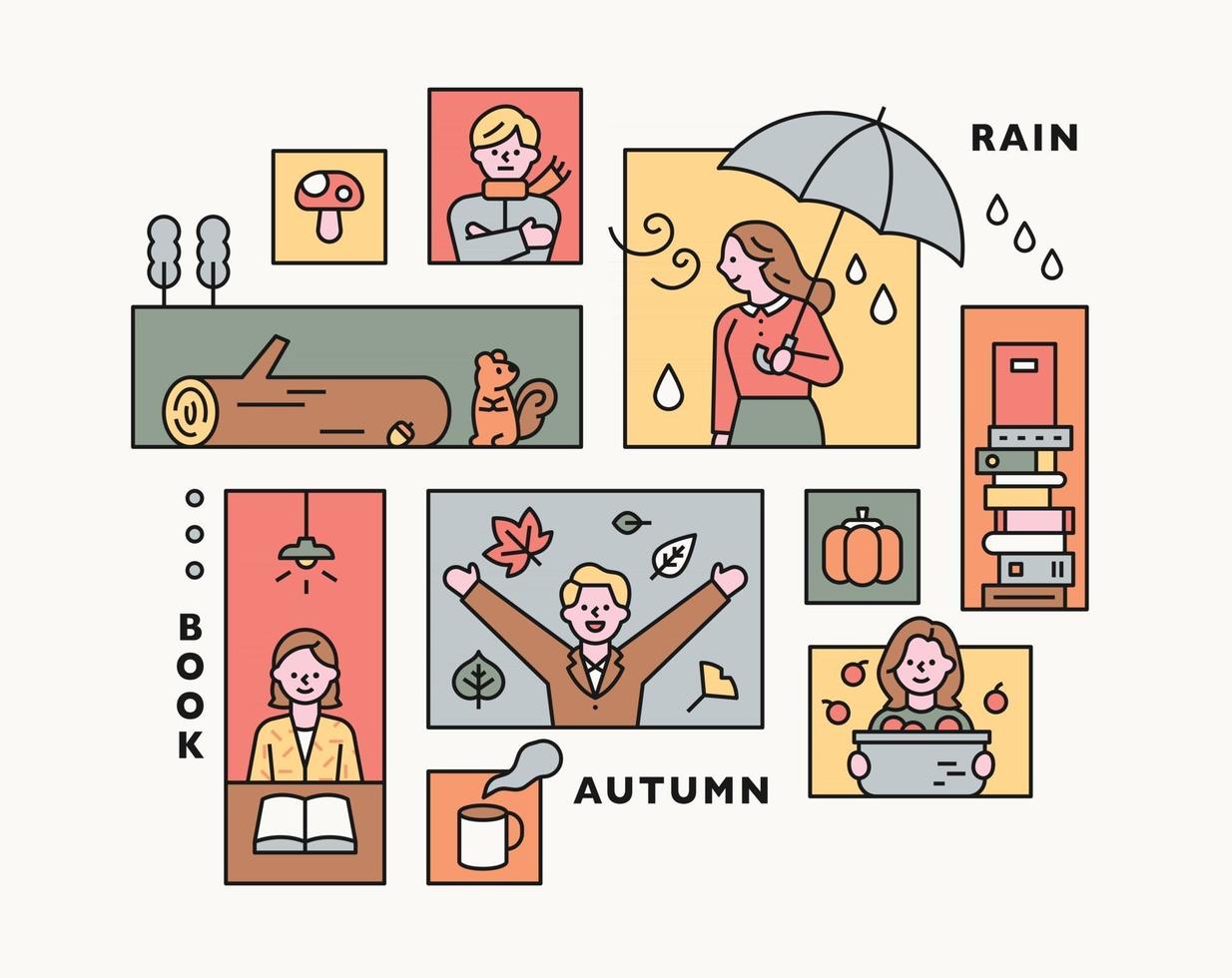 Collection of autumn collage illustrations. flat design vector minimal style.