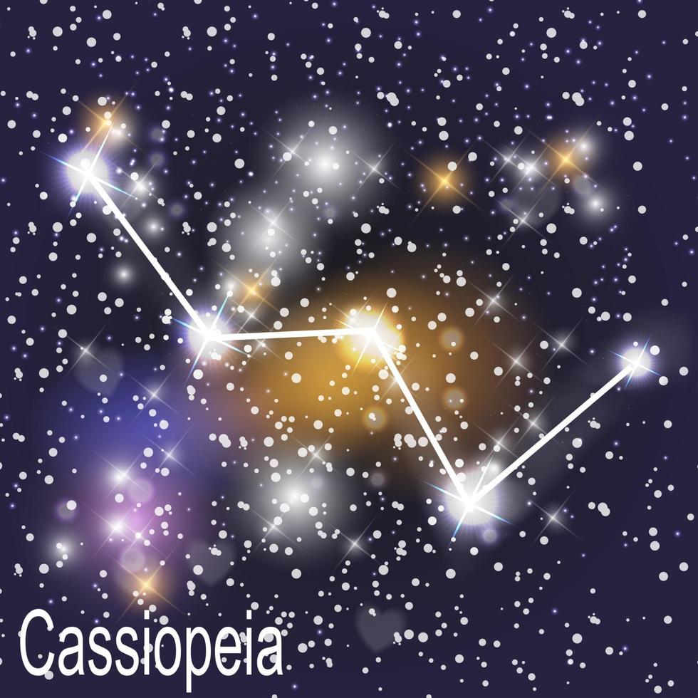 Cassiopeia Constellation with Beautiful Bright Stars on the Background of Cosmic Sky Vector Illustration