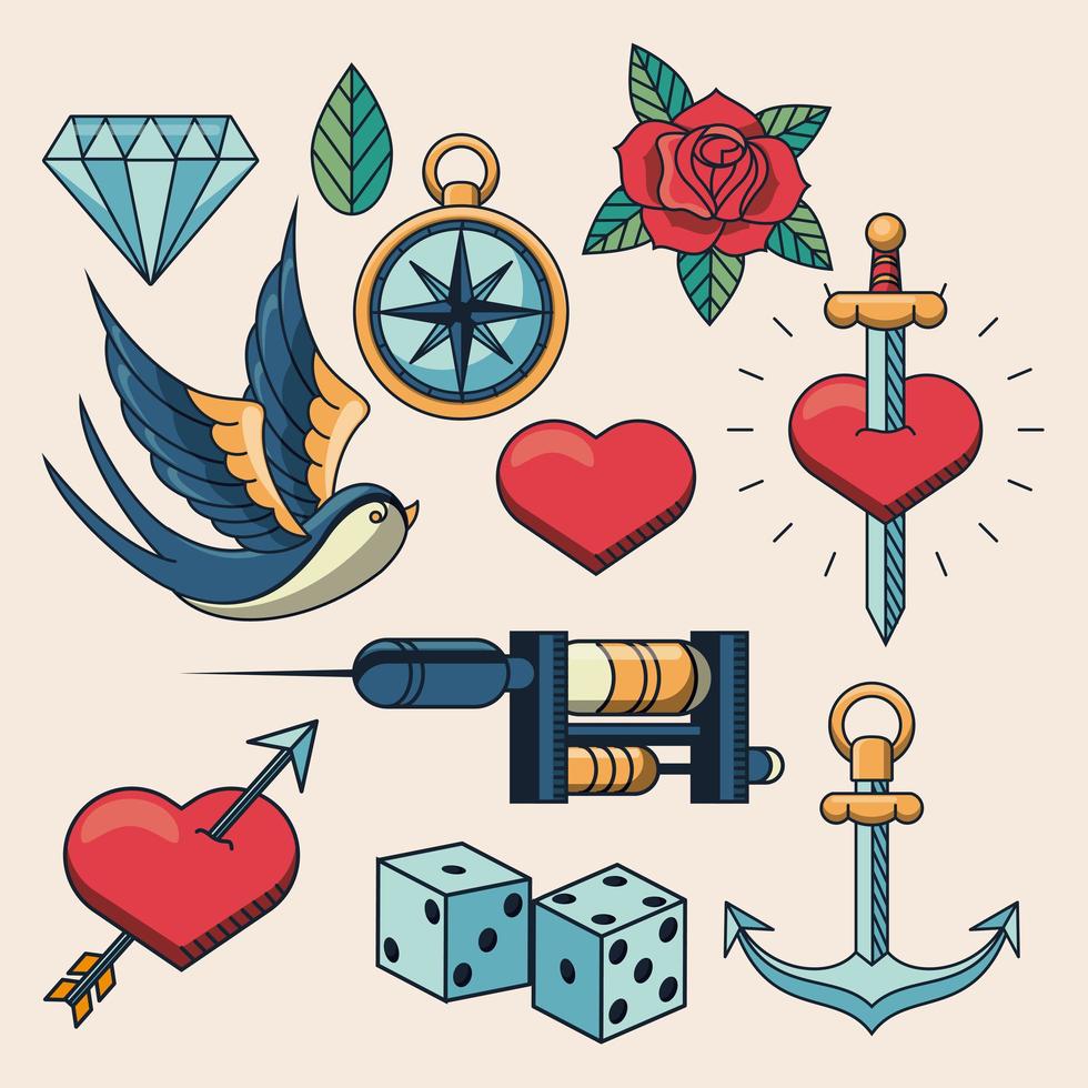 estudio de tatuaje, imagen, artístico, conjunto, iconos vector