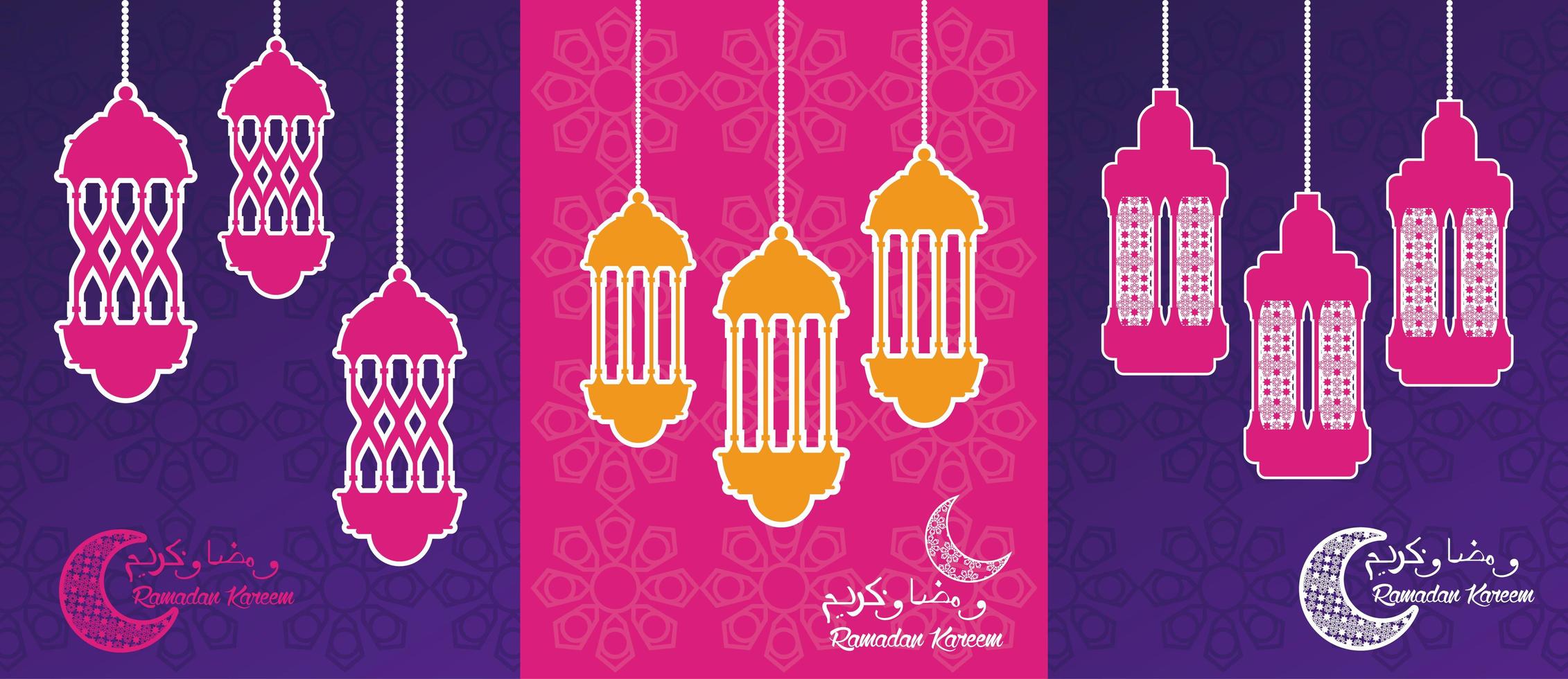 tarjeta de celebración de ramadan kareem con linternas colgando vector