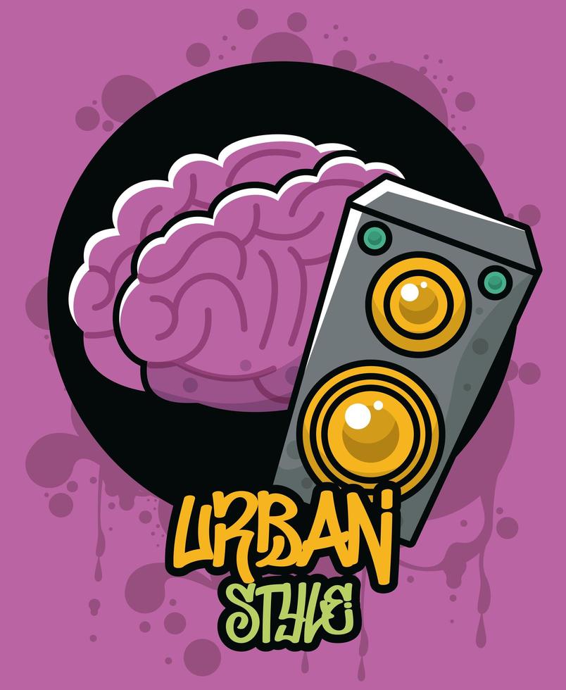 cartel de estilo urbano de graffiti con cerebro y altavoz. vector