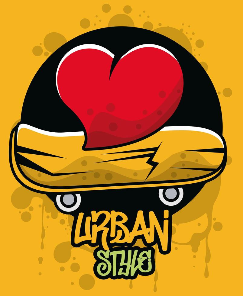 cartel de estilo urbano de graffiti con corazón y patineta vector