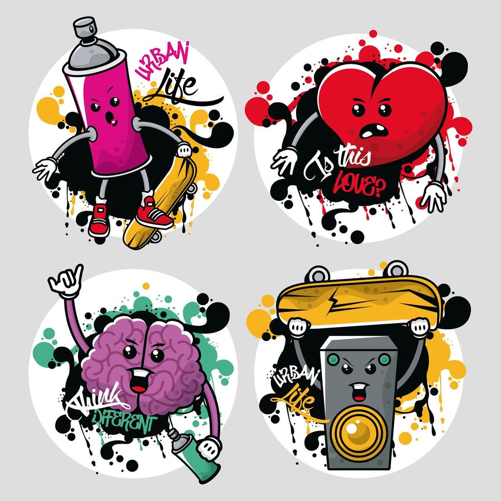 cartel de estilo urbano de graffiti con iconos de conjunto vector