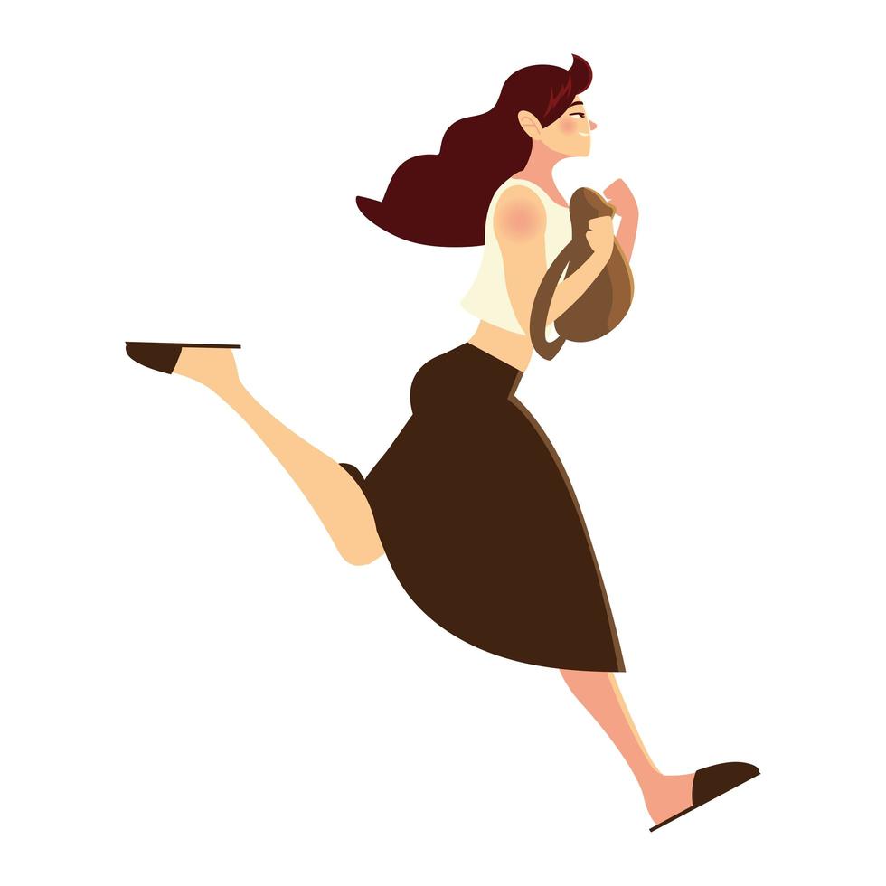 running woman wearing skirt and bag side view vector