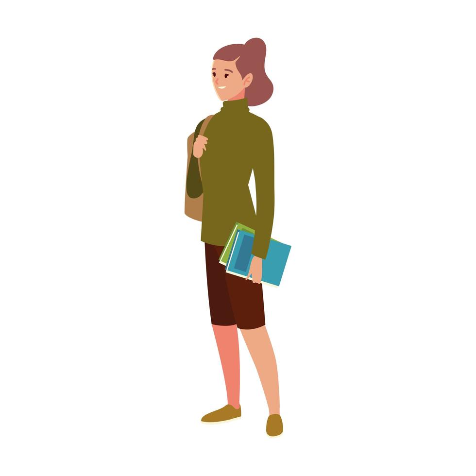 student university woman with books and bag character cartoon vector