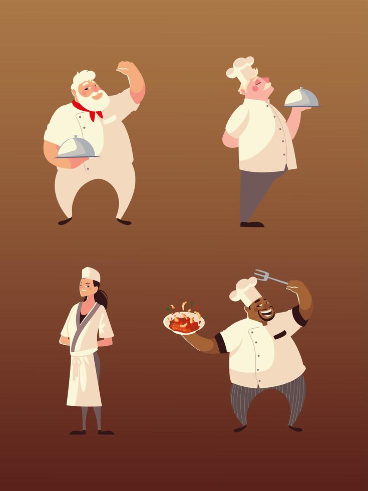 chefs woman and men with food and fork characters vector