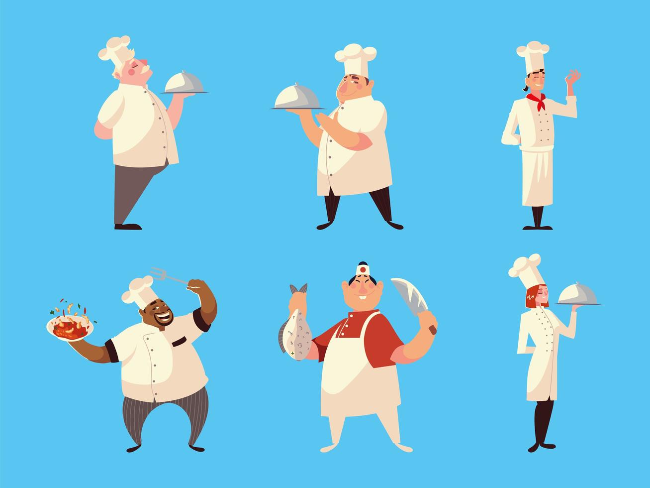 different chefs in uniform with soup dish fish and knife on blue background vector