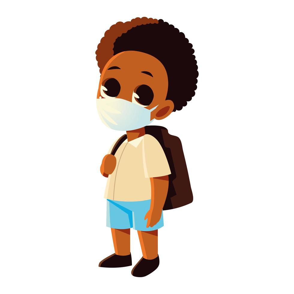 Back to school of afro boy kid with medical mask vector design