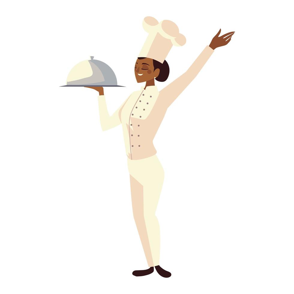 female chef with platter service worker professional restaurant vector