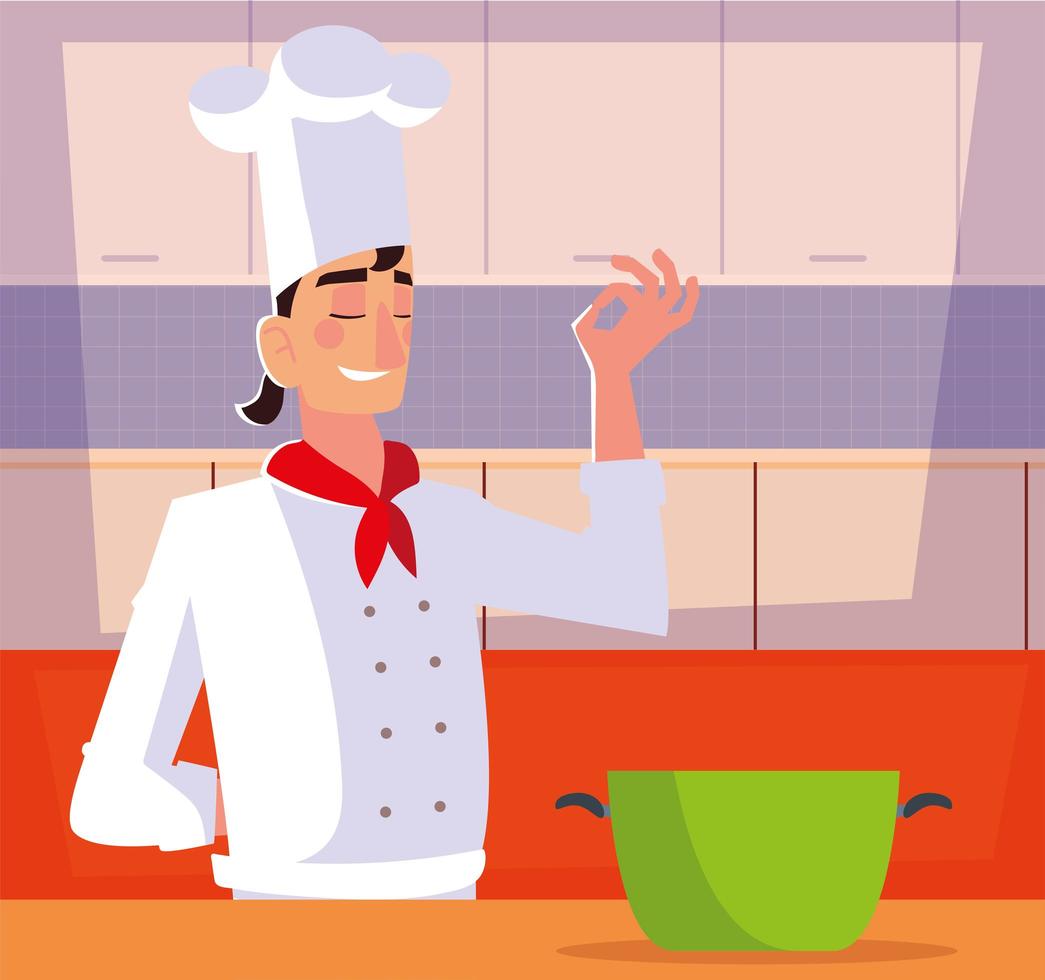 cooking chef man with pot in kitchen restaurant design vector