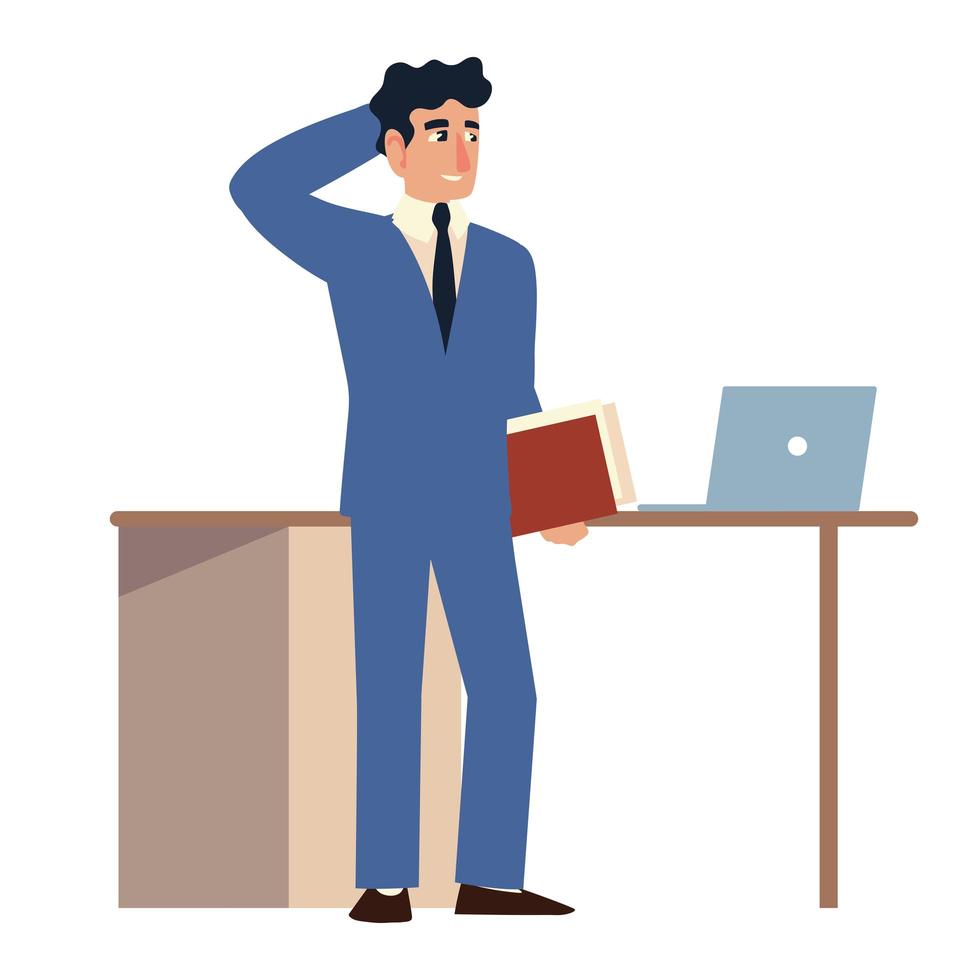 worried business man with folder laptop and desk office vector