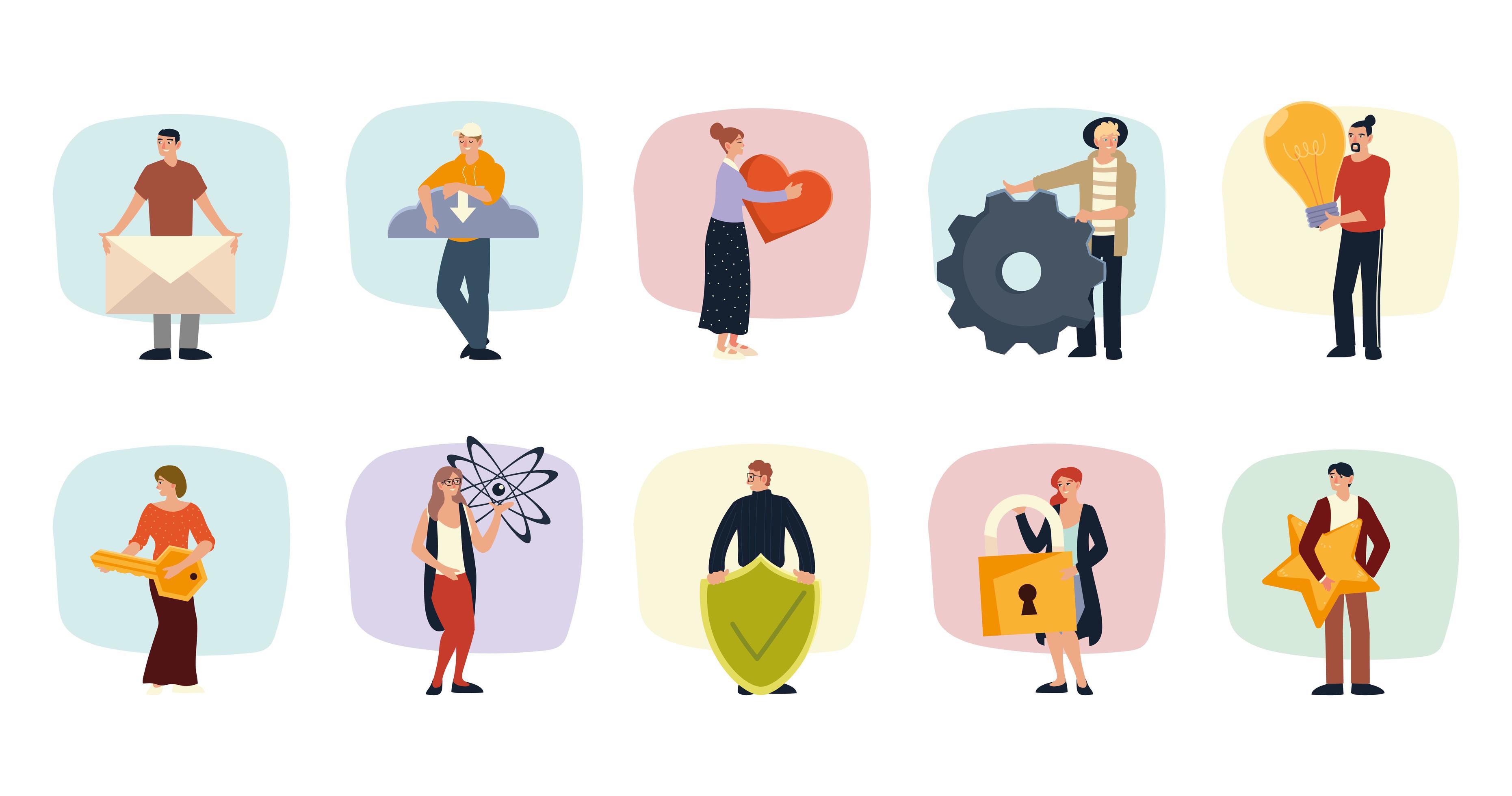 people holding different objects include envelope star bulb key padlock